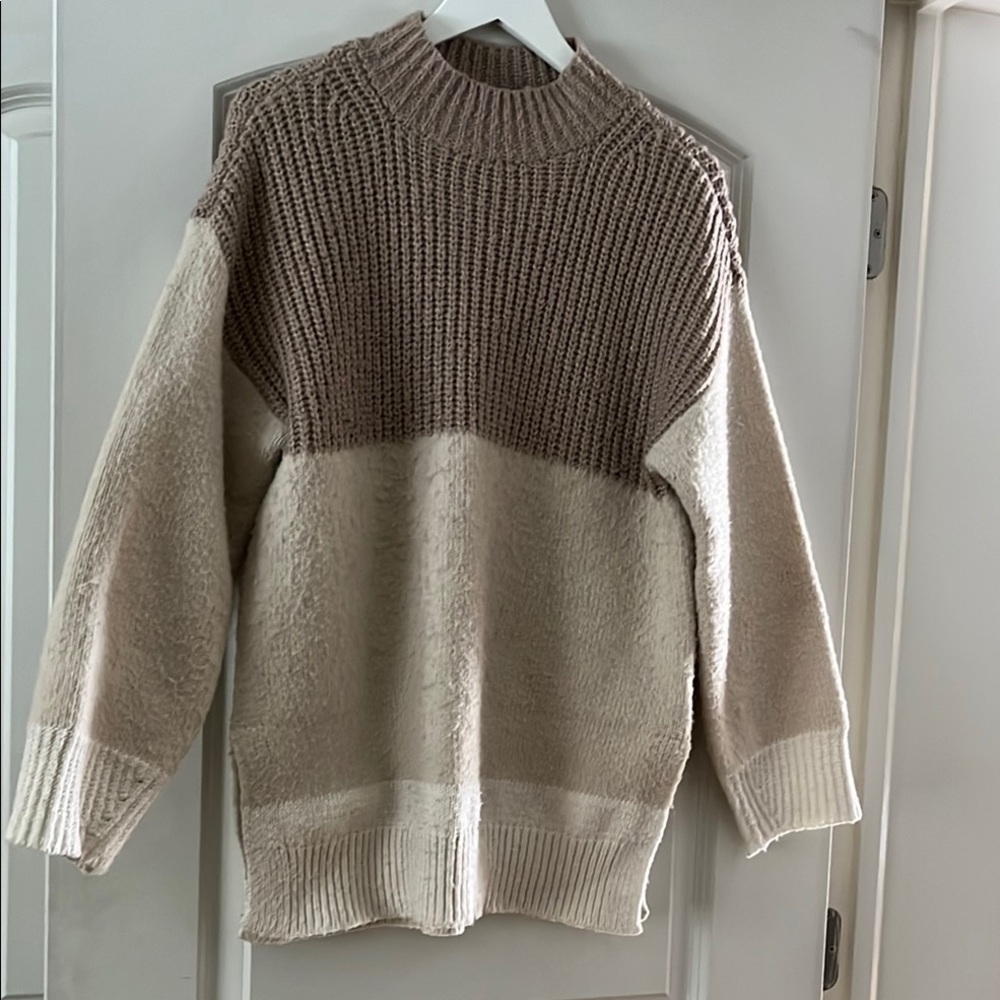 Ann Taylor Two-Tone Crew Neck Sweater - Beige and Cream